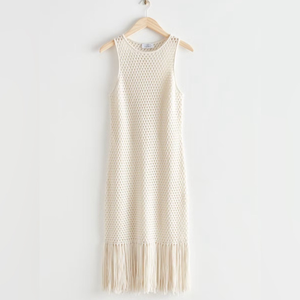 NWT & OTHER STORIES Crochet Fringe Wool & Cotton Midi Dress In Offwhite XS